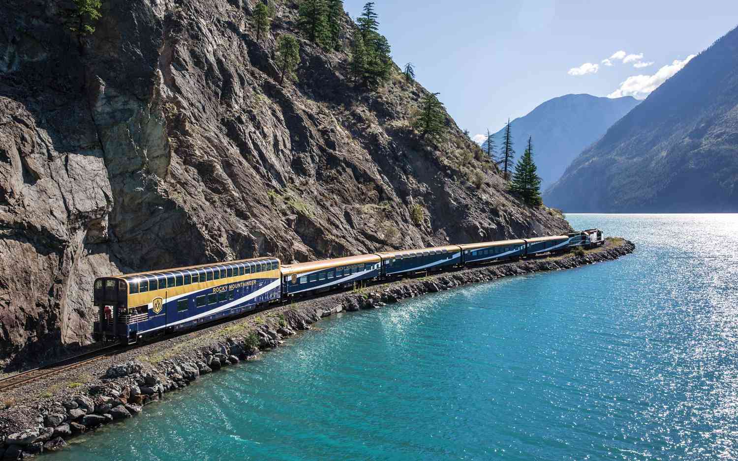 Train traveling through the Canadian Rocky Mountains